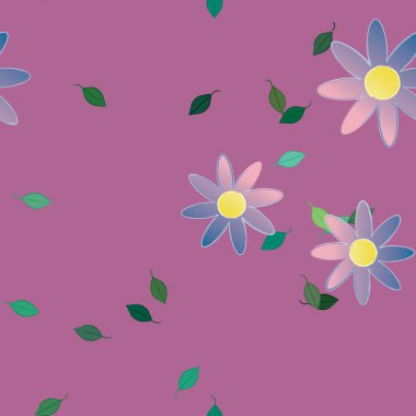 Serbest kompozisyonda yeşil yapraklı basit çiçekler, vektör illüstrasyonu