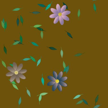 Serbest kompozisyonda yeşil yapraklı basit çiçekler, vektör illüstrasyonu