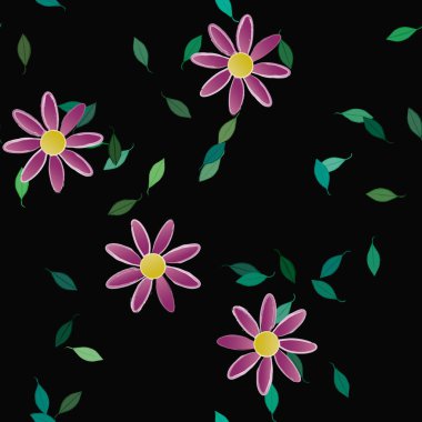 basit renkli çiçekleri olan serbest kompozisyon ve duvar kağıdı için yeşil yapraklar, vektör illüstrasyonu