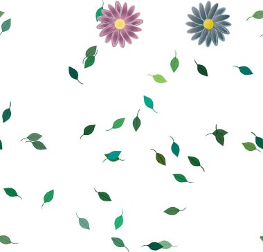 basit renkli çiçekleri olan serbest kompozisyon ve duvar kağıdı için yeşil yapraklar, vektör illüstrasyonu