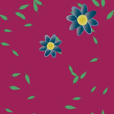 basit renkli çiçekleri olan serbest kompozisyon ve duvar kağıdı için yeşil yapraklar, vektör illüstrasyonu