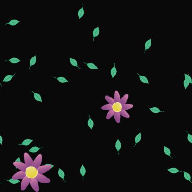 Serbest kompozisyonda yeşil yapraklı basit çiçekler, vektör illüstrasyonu