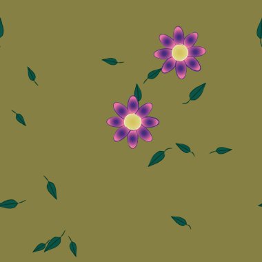 Basit çiçek ve yeşil yapraklı tasarım kompozisyonu, vektör illüstrasyonu