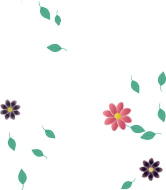 Basit renkli çiçekleri ve arka planda yeşil yaprakları olan güzel kompozisyon, vektör illüstrasyonu