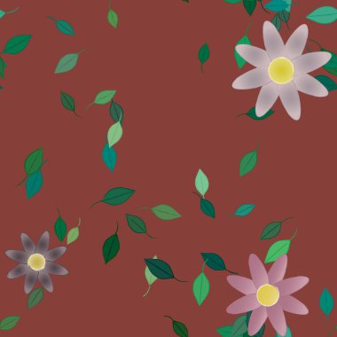 basit renkli çiçekleri olan serbest kompozisyon ve duvar kağıdı için yeşil yapraklar, vektör illüstrasyonu