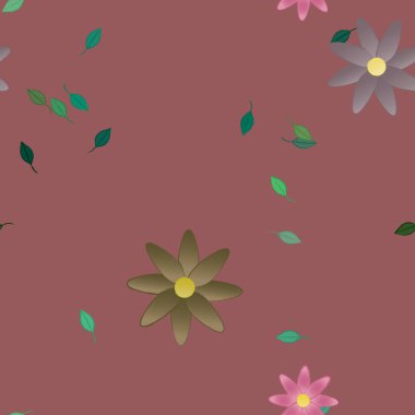 Basit çiçek ve yeşil yapraklı tasarım kompozisyonu, vektör illüstrasyonu