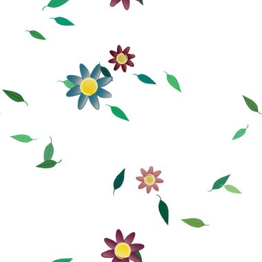 Basit çiçek ve yeşil yapraklı tasarım kompozisyonu, vektör illüstrasyonu