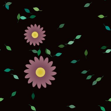 Serbest kompozisyonda yeşil yapraklı basit çiçekler, vektör illüstrasyonu