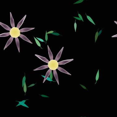 basit renkli çiçekleri olan serbest kompozisyon ve duvar kağıdı için yeşil yapraklar, vektör illüstrasyonu