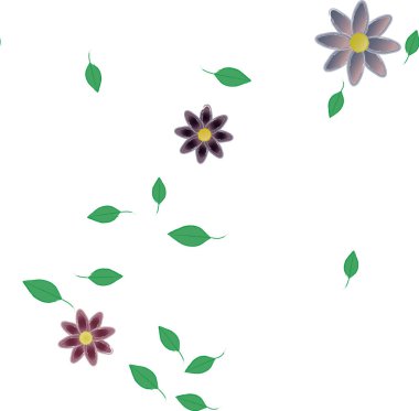 Basit renkli çiçekleri ve arka planda yeşil yaprakları olan güzel kompozisyon, vektör illüstrasyonu