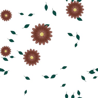 Serbest kompozisyonda yeşil yapraklı basit çiçekler, vektör illüstrasyonu