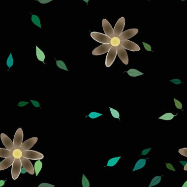 Serbest kompozisyonda yeşil yapraklı basit çiçekler, vektör illüstrasyonu