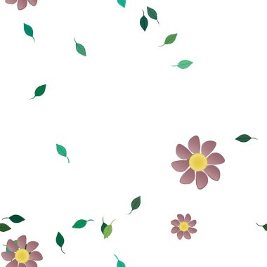 Basit renkli çiçekleri ve arka planda yeşil yaprakları olan güzel kompozisyon, vektör illüstrasyonu