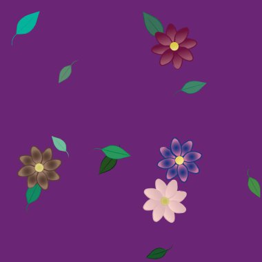 Serbest kompozisyonda yeşil yapraklı basit çiçekler, vektör illüstrasyonu