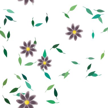 basit renkli çiçekleri olan serbest kompozisyon ve duvar kağıdı için yeşil yapraklar, vektör illüstrasyonu