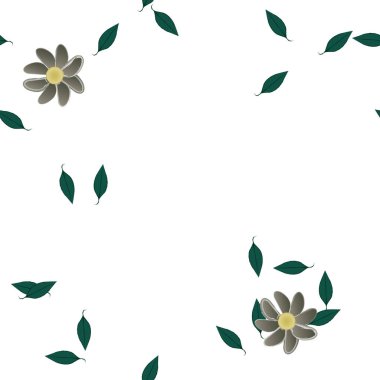 Serbest kompozisyonda yeşil yapraklı basit çiçekler, vektör illüstrasyonu