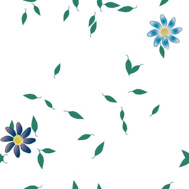 basit renkli çiçekleri olan serbest kompozisyon ve duvar kağıdı için yeşil yapraklar, vektör illüstrasyonu