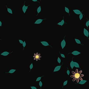 Serbest kompozisyonda yeşil yapraklı basit çiçekler, vektör illüstrasyonu