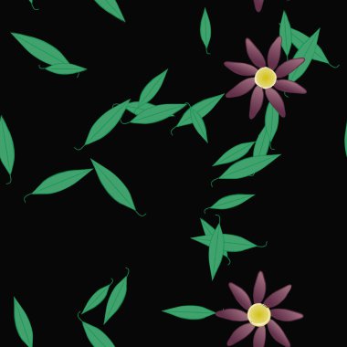 Serbest kompozisyonda yeşil yapraklı basit çiçekler, vektör illüstrasyonu