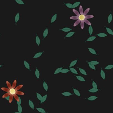 basit renkli çiçekleri olan serbest kompozisyon ve duvar kağıdı için yeşil yapraklar, vektör illüstrasyonu