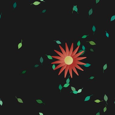 Serbest kompozisyonda yeşil yapraklı basit çiçekler, vektör illüstrasyonu