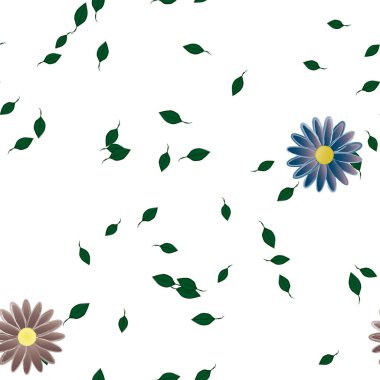 basit renkli çiçekleri olan serbest kompozisyon ve duvar kağıdı için yeşil yapraklar, vektör illüstrasyonu