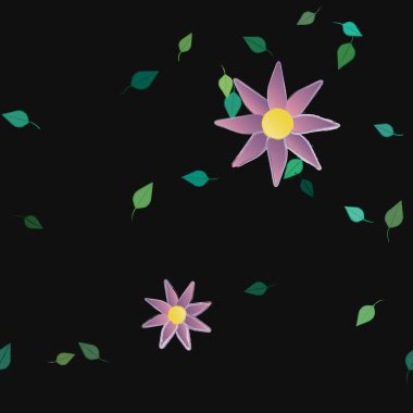 basit renkli çiçekleri olan serbest kompozisyon ve duvar kağıdı için yeşil yapraklar, vektör illüstrasyonu