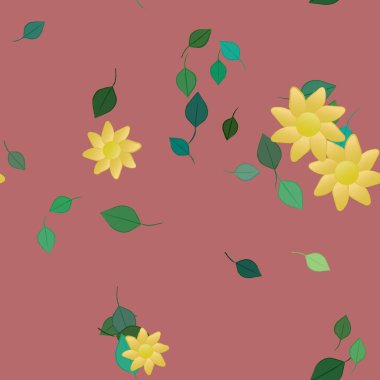 Serbest kompozisyonda yeşil yapraklı basit çiçekler, vektör illüstrasyonu