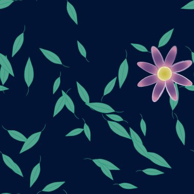 Serbest kompozisyonda yeşil yapraklı basit çiçekler, vektör illüstrasyonu