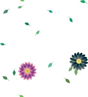 Serbest kompozisyonda yeşil yapraklı basit çiçekler, vektör illüstrasyonu