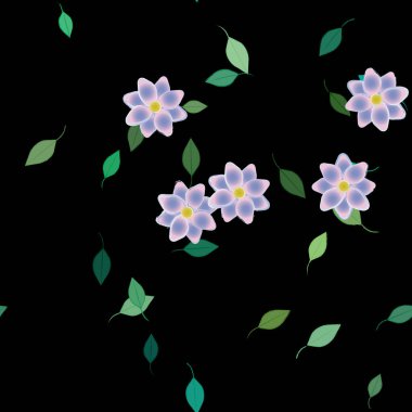 Serbest kompozisyonda yeşil yapraklı basit çiçekler, vektör illüstrasyonu