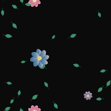 basit renkli çiçekleri olan serbest kompozisyon ve duvar kağıdı için yeşil yapraklar, vektör illüstrasyonu