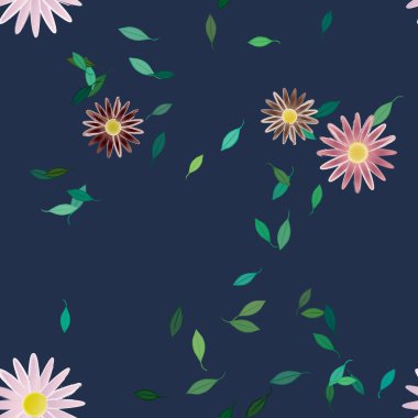 Serbest kompozisyonda yeşil yapraklı basit çiçekler, vektör illüstrasyonu