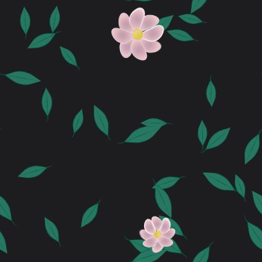 Serbest kompozisyonda yeşil yapraklı basit çiçekler, vektör illüstrasyonu