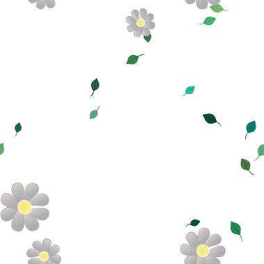 Serbest kompozisyonda yeşil yapraklı basit çiçekler, vektör illüstrasyonu