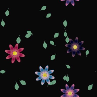 Serbest kompozisyonda yeşil yapraklı basit çiçekler, vektör illüstrasyonu