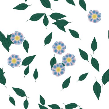 Serbest kompozisyonda yeşil yapraklı basit çiçekler, vektör illüstrasyonu