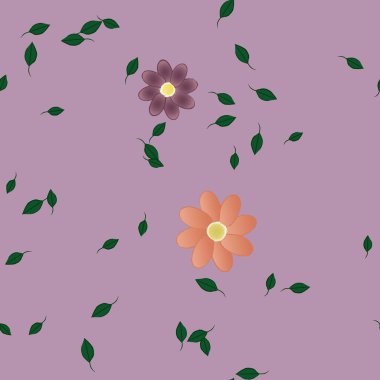 Serbest kompozisyonda yeşil yapraklı basit çiçekler, vektör illüstrasyonu