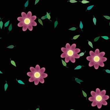 Serbest kompozisyonda yeşil yapraklı basit çiçekler, vektör illüstrasyonu