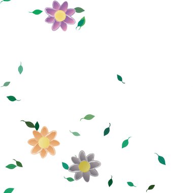 Basit renkli çiçekleri ve arka planda yeşil yaprakları olan güzel kompozisyon, vektör illüstrasyonu