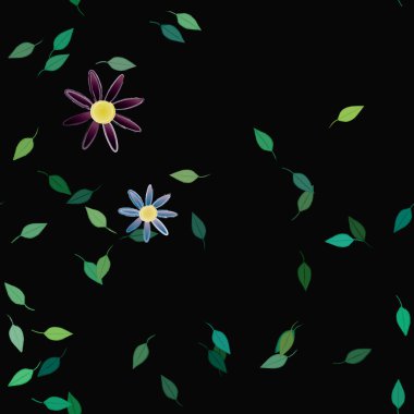 basit renkli çiçekleri olan serbest kompozisyon ve duvar kağıdı için yeşil yapraklar, vektör illüstrasyonu