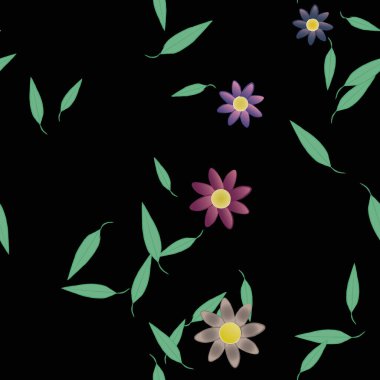 Basit renkli çiçekleri ve arka planda yeşil yaprakları olan güzel kompozisyon, vektör illüstrasyonu