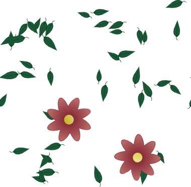 Basit renkli çiçekleri ve arka planda yeşil yaprakları olan güzel kompozisyon, vektör illüstrasyonu