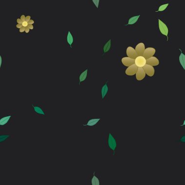 Basit renkli çiçekleri ve arka planda yeşil yaprakları olan güzel kompozisyon, vektör illüstrasyonu