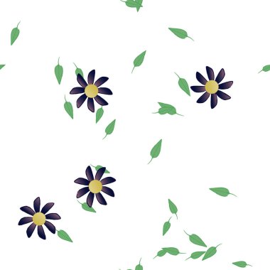 Basit renkli çiçekleri ve arka planda yeşil yaprakları olan güzel kompozisyon, vektör illüstrasyonu