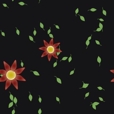 basit renkli çiçekleri olan serbest kompozisyon ve duvar kağıdı için yeşil yapraklar, vektör illüstrasyonu