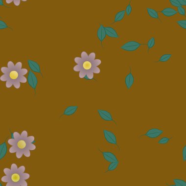 Serbest kompozisyonda yeşil yapraklı basit çiçekler, vektör illüstrasyonu