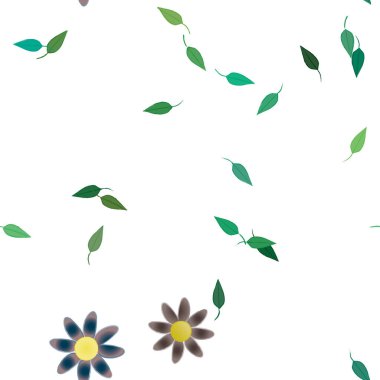 Basit renkli çiçekleri ve arka planda yeşil yaprakları olan güzel kompozisyon, vektör illüstrasyonu