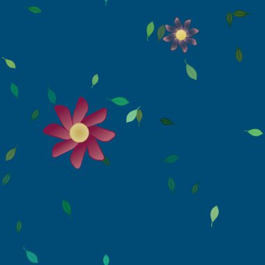 Serbest kompozisyonda yeşil yapraklı basit çiçekler, vektör illüstrasyonu