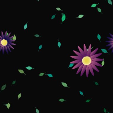 Serbest kompozisyonda yeşil yapraklı basit çiçekler, vektör illüstrasyonu